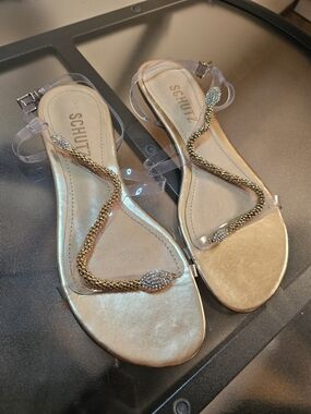 SCHUTZ Gold Snake-Accent Clear Strap Sandals